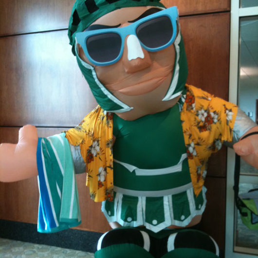 inflatable Sparty in his summer beach apparel